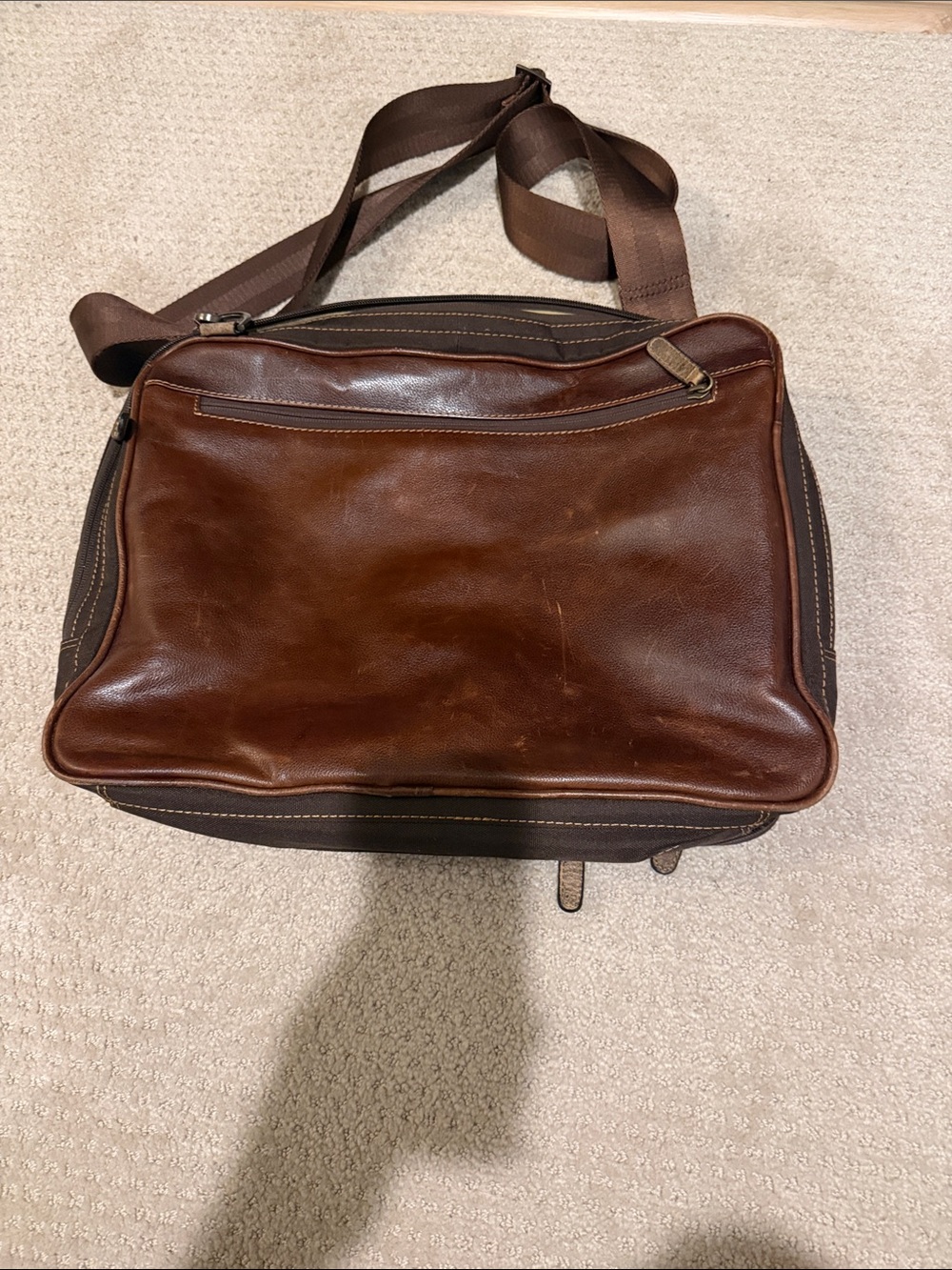 Boconi Brown Leather & Dark Brown Canvas Messenger Bag